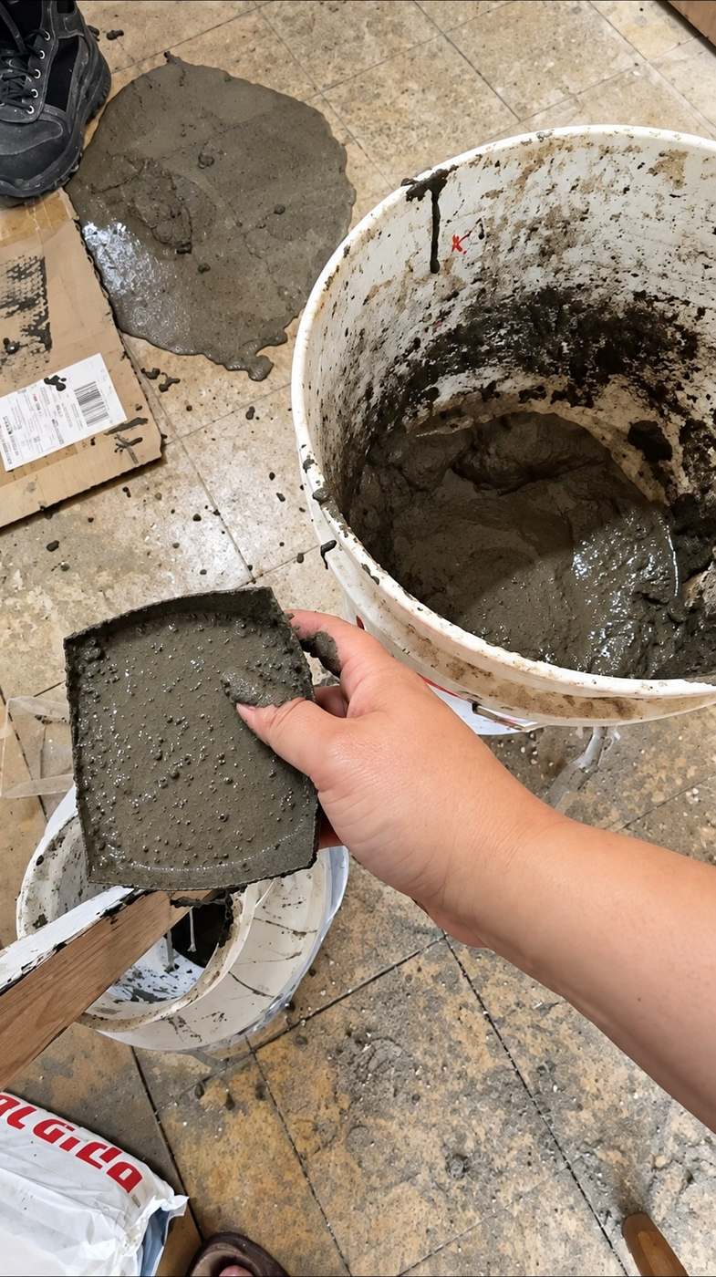 יציקת בלוק הבטון לתוך הדלי בסדנת בטון וחלבון מחומרים בשימוש חוזר